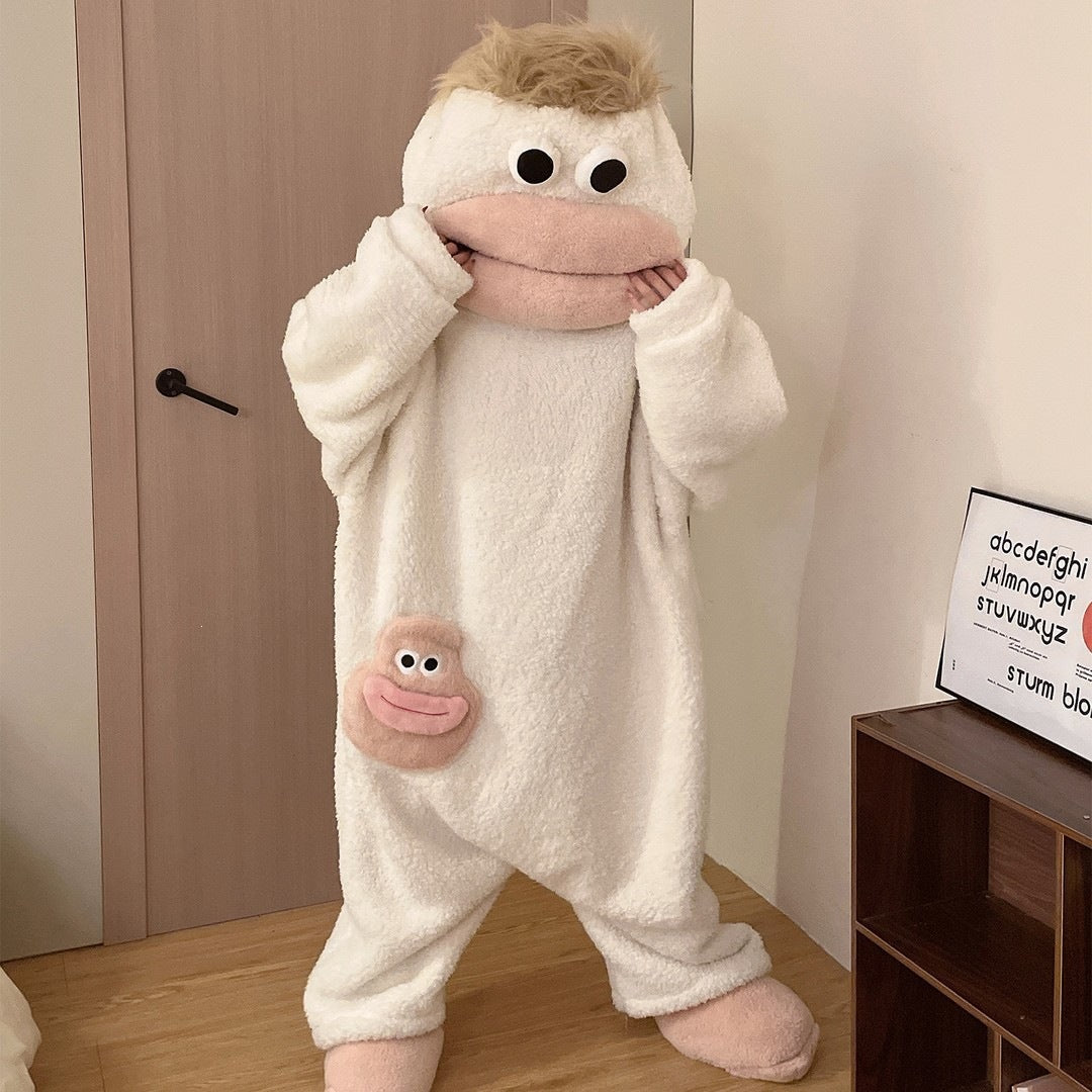 Thickened Couple Onesie Sleepwear Winter Cartoon Coral Fleece Monster Pajamas